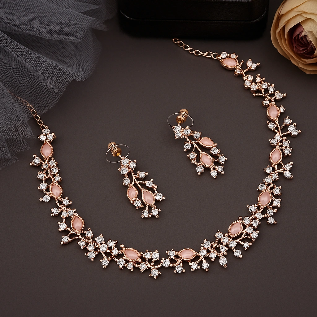 A beautiful jewelry set with a necklace and earrings.
